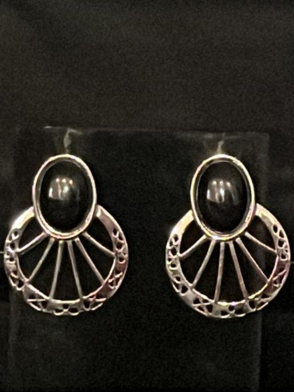 Black Oval with Silver Tone Punch Out Circle Earrings